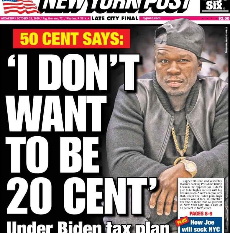 Rapperul 50 Cent îl susține pe Trump, speriat de impozitele lui Biden: Nu vreau să ajung 20 Cent
