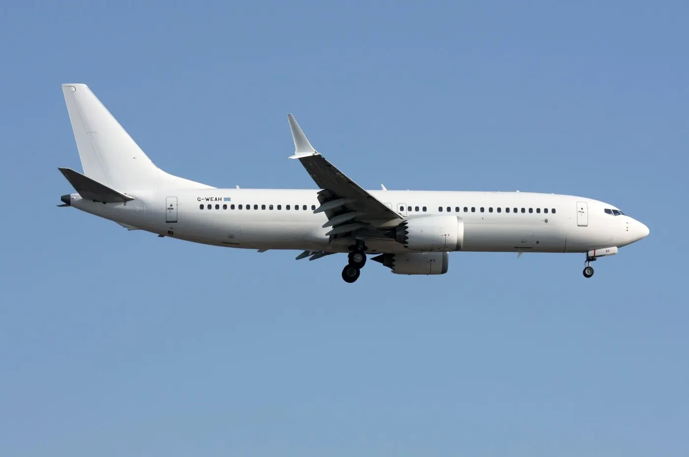A Boeing 737 MAX 8 of Ascend Airways approaches London Gatwick Airport