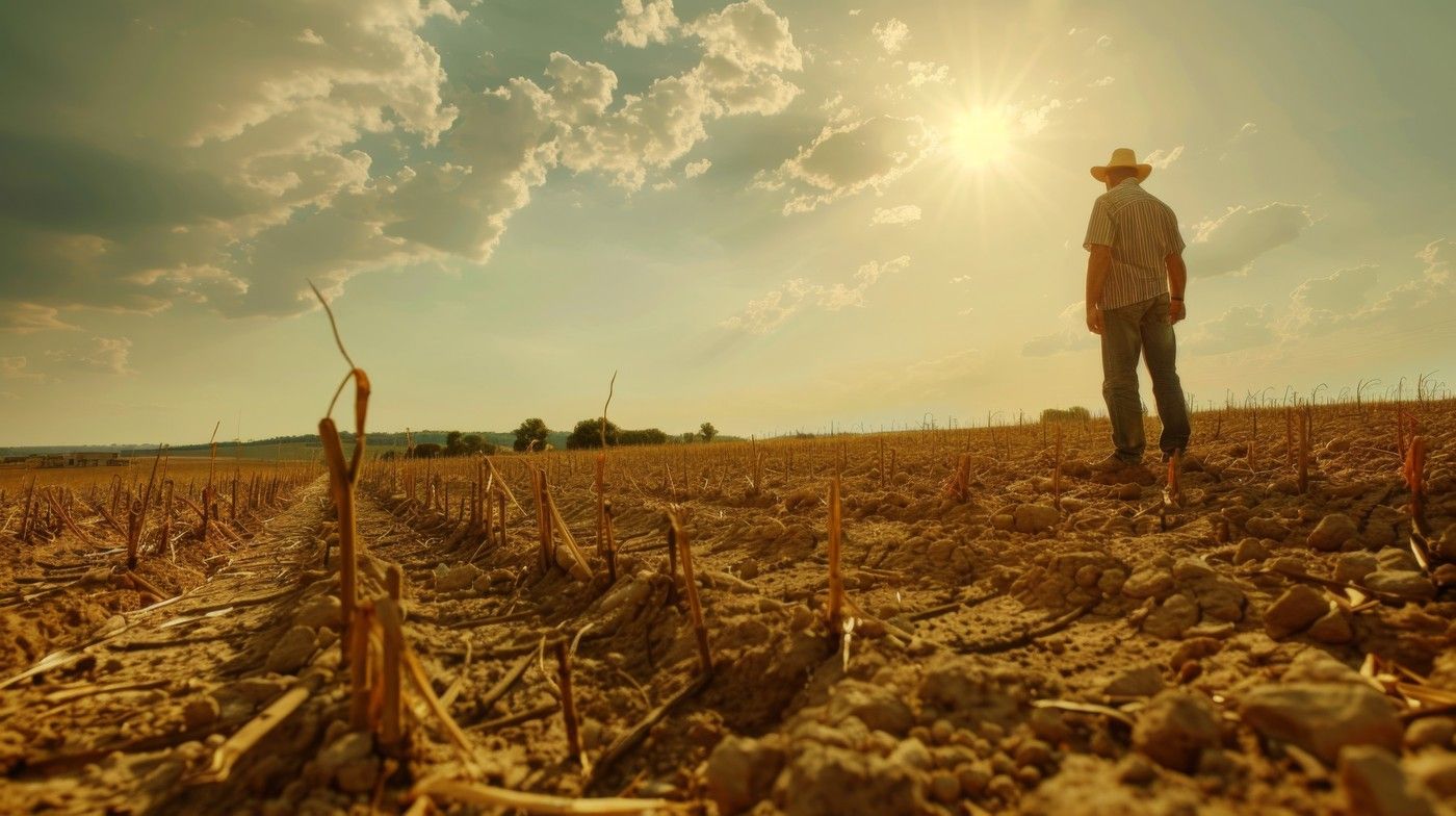 Farmer inspecting his parched cornfield after a period of drought